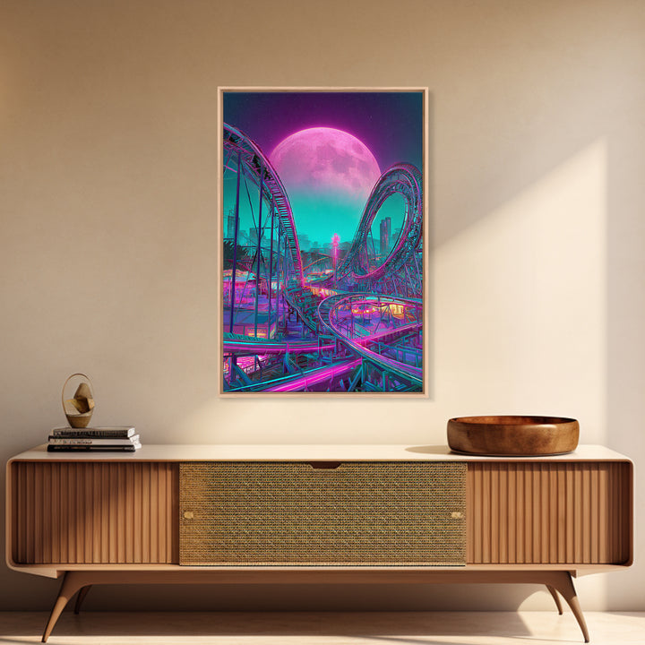 Vibrant Retro Futuristic Roller Coaster Scene With Neon Pink Moon Wall Art Canvas Print For Gamers Room Decor