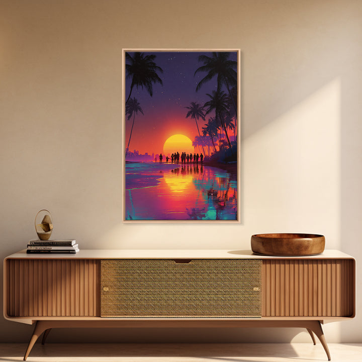 Modern Vibrant Sunset Beach Scene With People Silhouettes Wall Art Framed Canvas Print For Coastal Home Decor