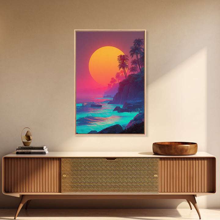 Vibrant Tropical Sunset With Palm Trees Ocean Coastline Digital Painting Canvas Print Modern Wall Art For Home Decor