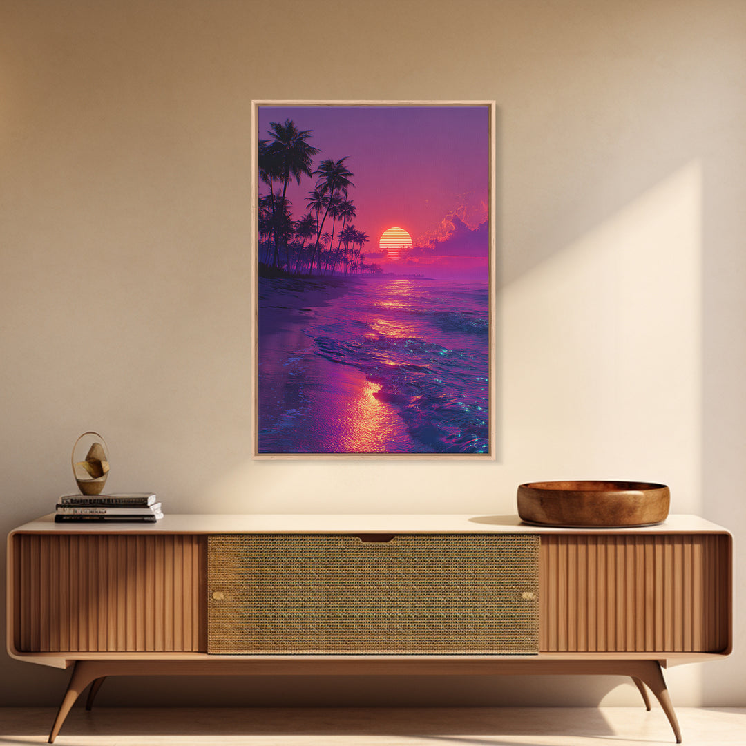 Vibrant Retro Sunset Beach Scene With Palm Trees Silhouettes Wall Art Canvas Print For Home Decor And Living Room