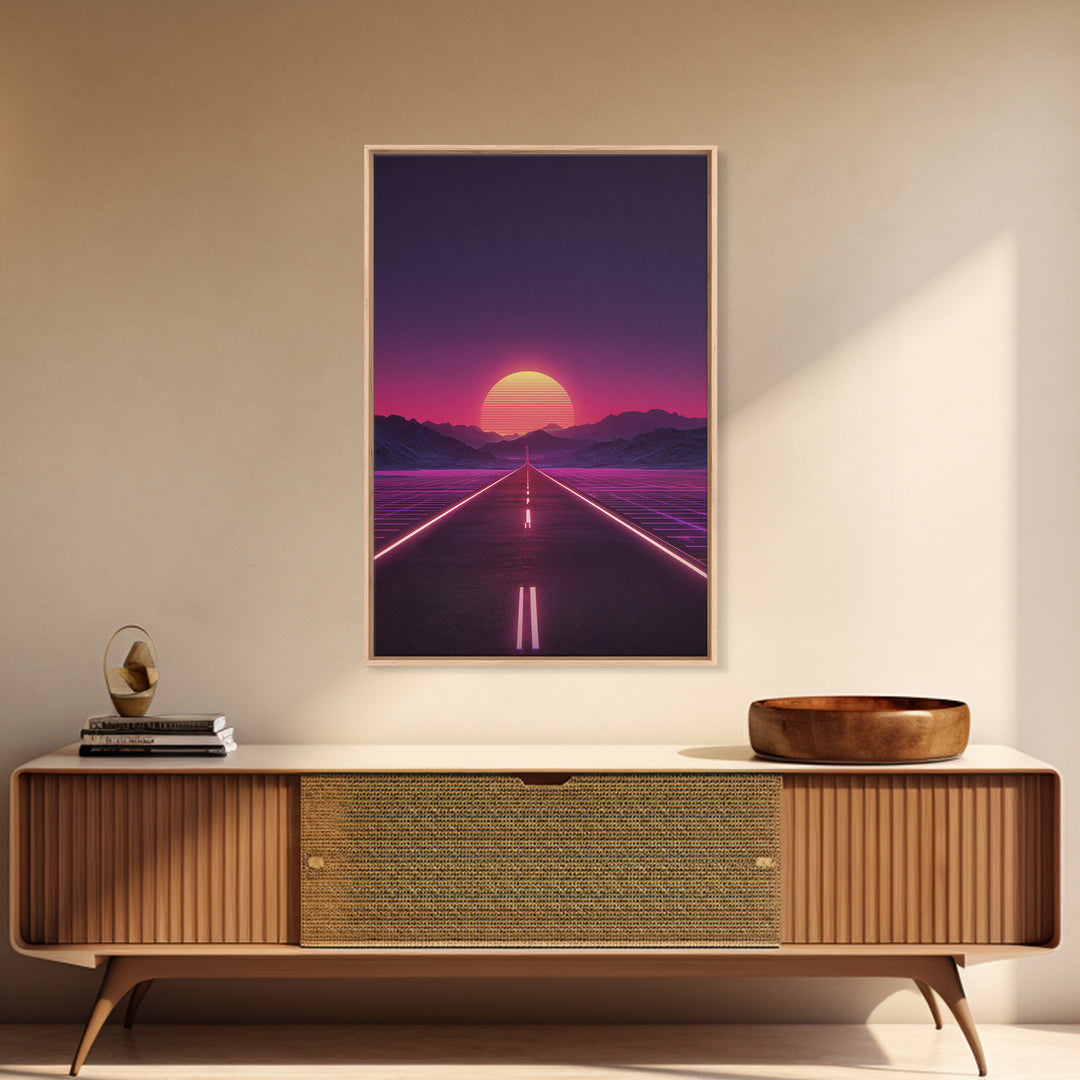 Offbeat Neon Retro Futuristic Road Sunset Digital Art Wall Art Canvas Print Trendy Modern Decor For Bedroom And Office