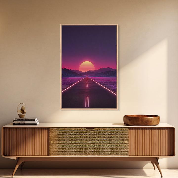 Offbeat Neon Retro Futuristic Road Sunset Digital Art Wall Art Canvas Print Trendy Modern Decor For Bedroom And Office