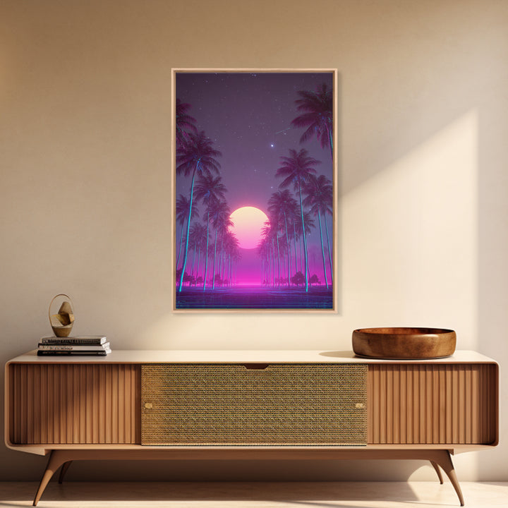 Retro Futuristic Neon Highway Leading To Large Vibrant Sun Over Palm Trees Digital Canvas Print Wall Art