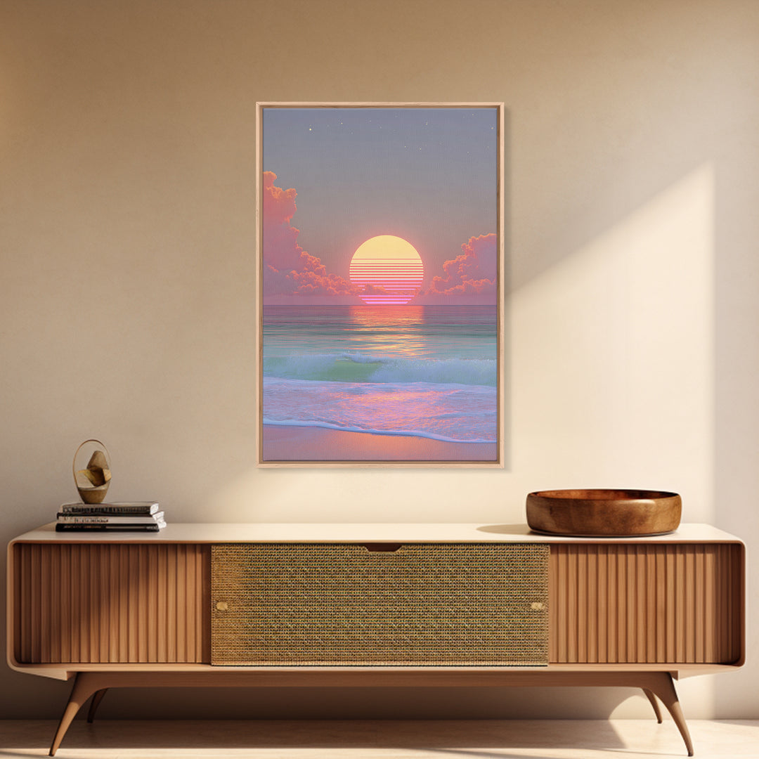Sunset Miami Beach Retro Wave Wall Art Canvas Print Neon Cityscape Modern Home Decor