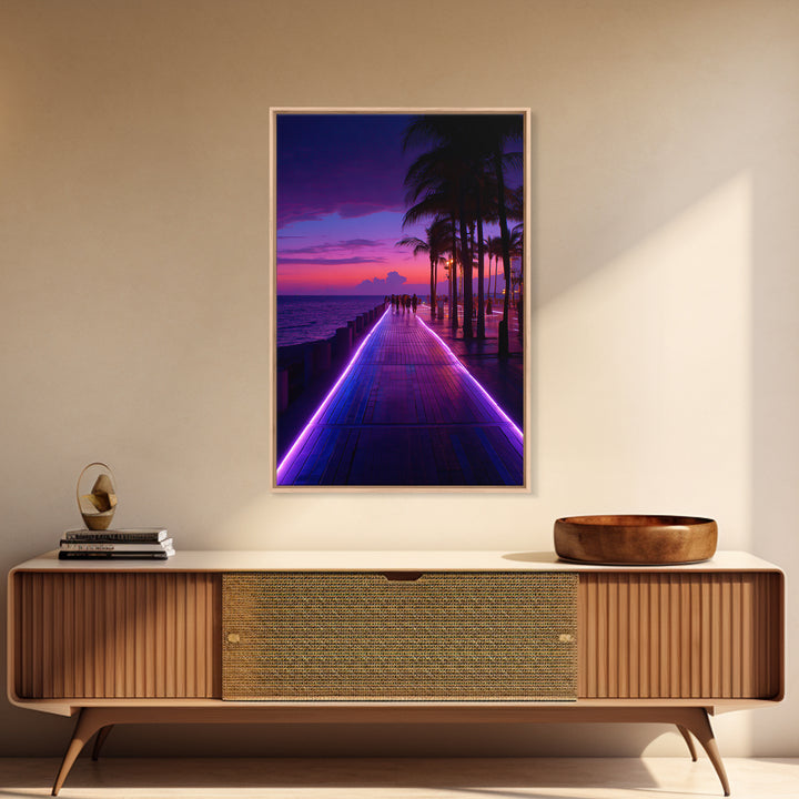 Neon Purple Boardwalk With Palm Trees At Twilight Coastal Photography - Canvas Print Modern Wall Art For Home Decor