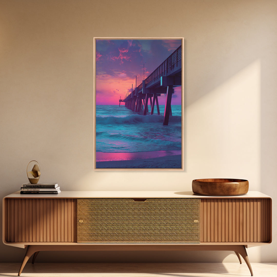 Mystical Purple And Blue Ocean Pier Sunset Wall Art Print For Beach House And Coastal Decor Canvas Print