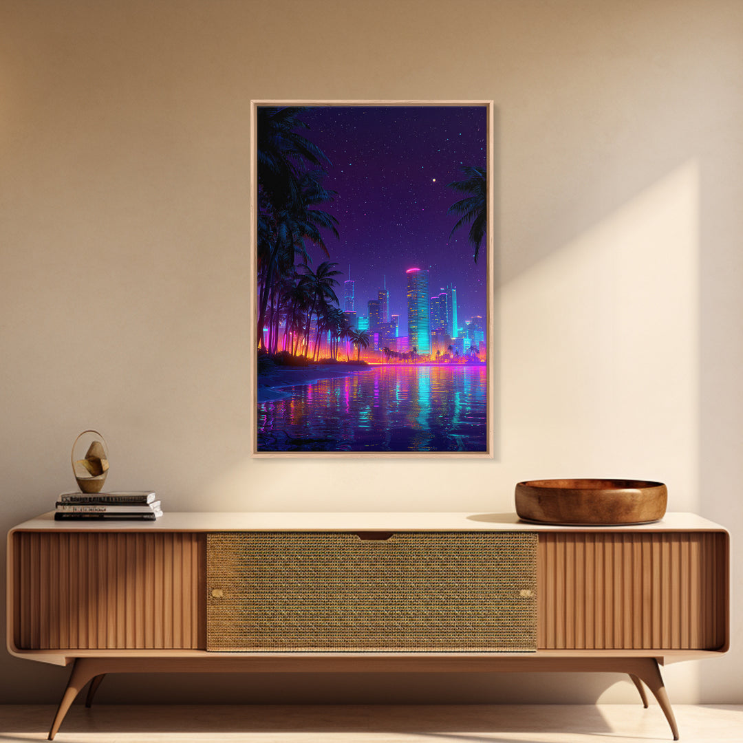 Neon Cityscape At Night With Reflections And Palm Trees Wall Art Framed Canvas Print For Modern Living Room Decor