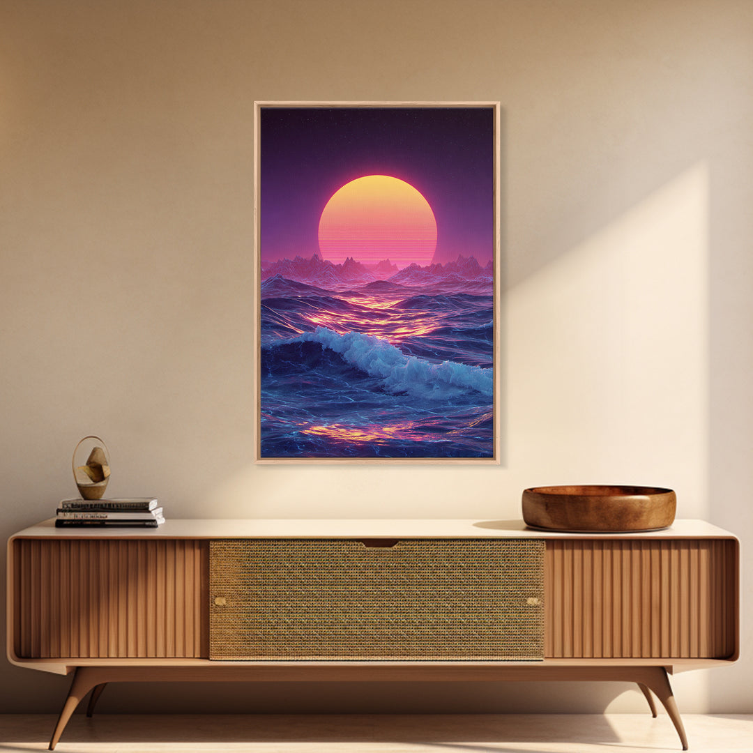 Retro Futuristic Neon Pink And Purple Surreal Landscape Digital Wall Art Framed Canvas Print