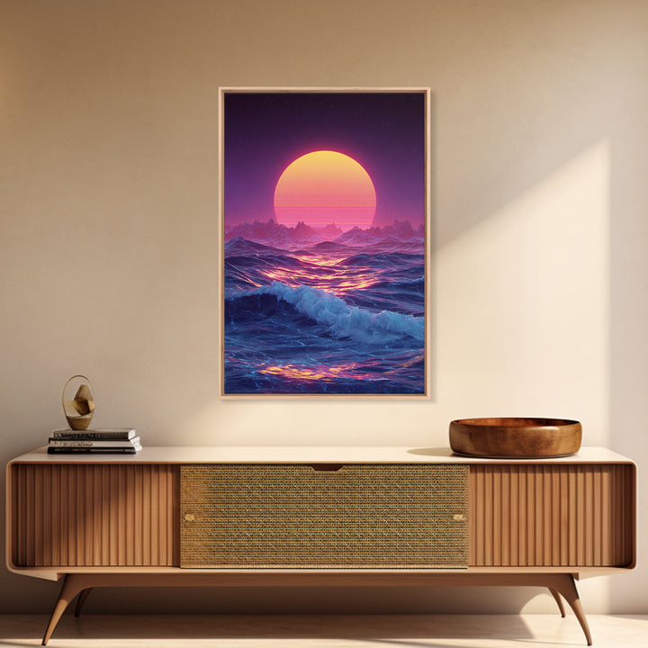 Retro Futuristic Neon Pink And Purple Surreal Landscape Digital Wall Art Framed Canvas Print
