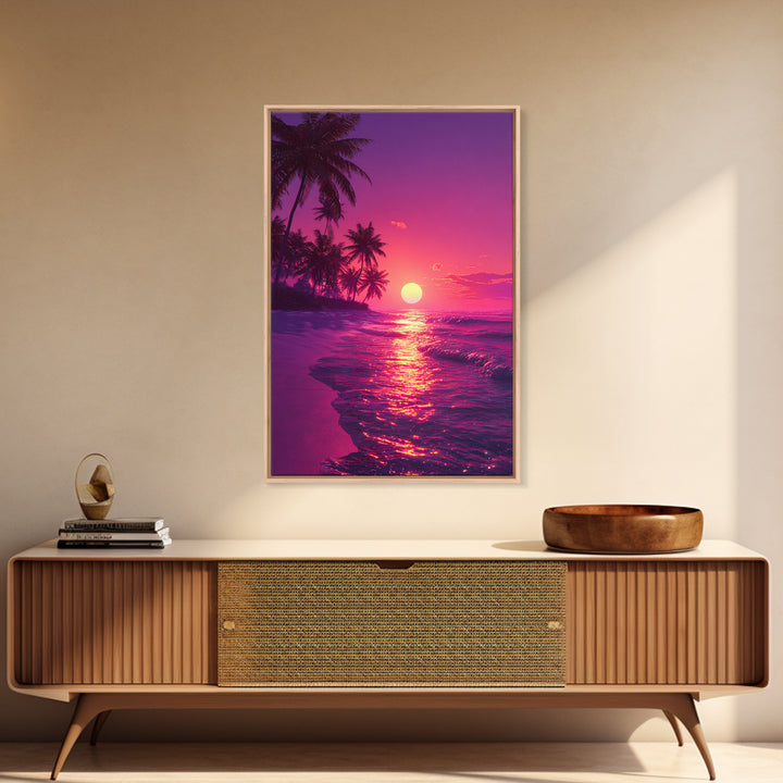 Tropical Sunset Beach Landscape Canvas Print With Pink Palm Trees And Ocean Waves Coastal Wall Art Home Decor For Living Room
