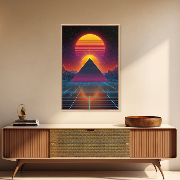 Futuristic Digital Pyramid And Sunset Landscape Sci-Fi Art Print Canvas For Unique Wall Art And Home Decor