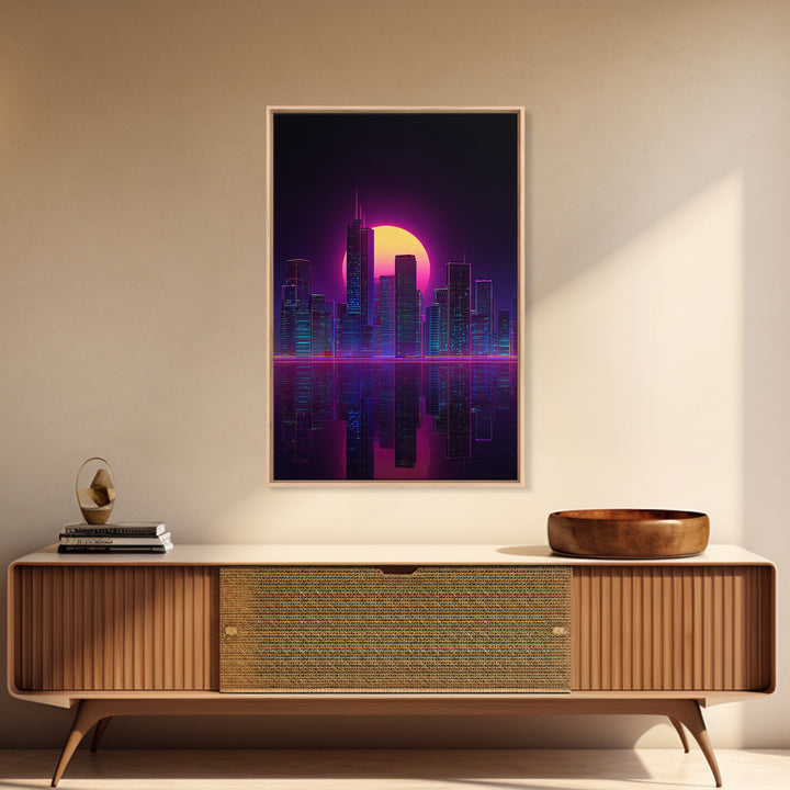 Futuristic Neon Cityscape With Purple And Pink Sunset Sci-Fi Wall Art Framed Canvas Print For Modern Living Room Decor