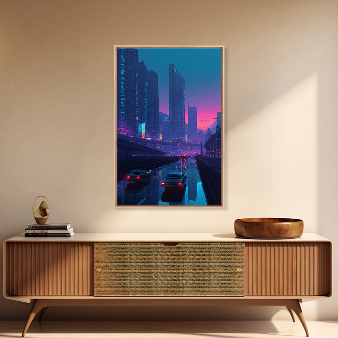 Cyberpunk Cityscape At Dusk With Neon Lights And Rain Reflections Modern Wall Art For Home Decor And Office