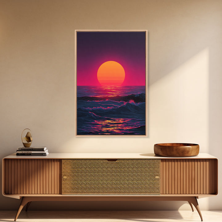 Vibrant Retro Abstract Neon Sunset Over Ocean Waves With Pink And Purple Horizon Wall Art Canvas Print For Bold Home Decor