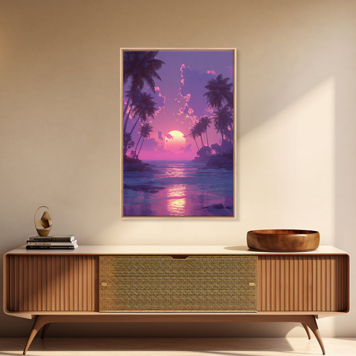 Peaceful Pink Purple Sunset Between Palm Trees Over Gentle Ocean Waves Framed Canvas Print For Home