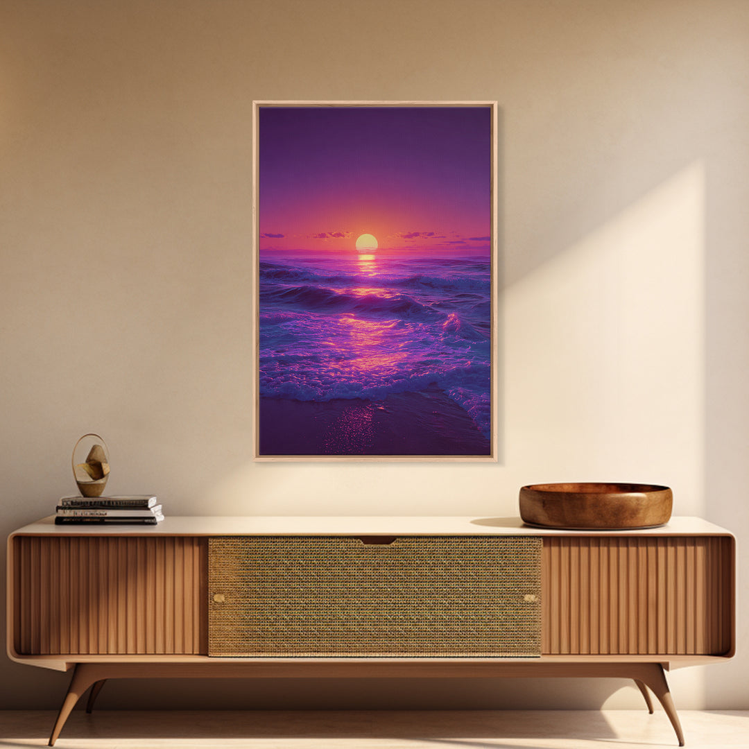 Surreal Ocean Sunset With Deep Purple And Pink Hues Canvas Print For Bedroom Wall Art And Coastal Home Decor