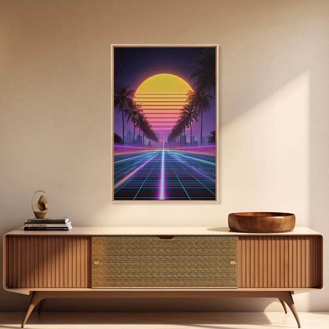 Retro Sunset Over Neon Cityscape With Palm Trees Digital Wall Art Framed Canvas Print Modern Wall Decor