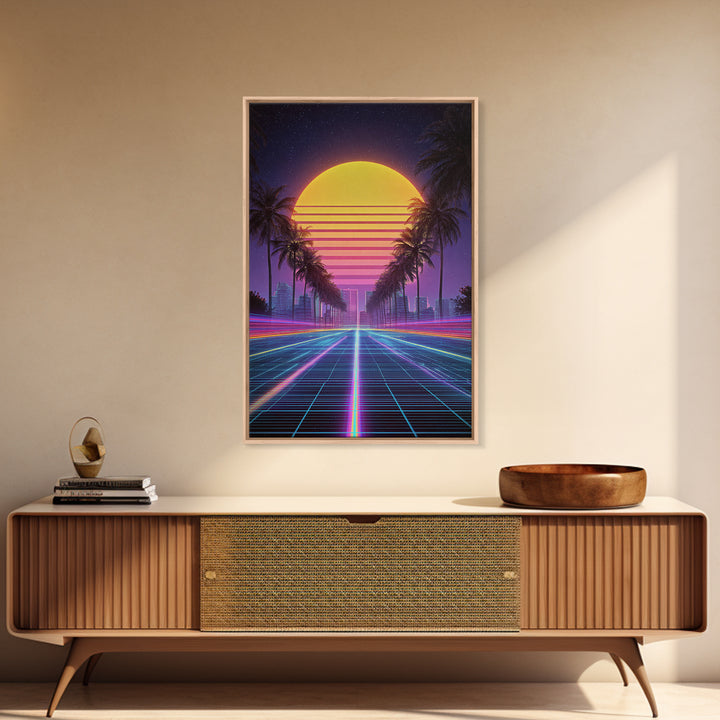 Retro Sunset Over Neon Cityscape With Palm Trees Digital Wall Art Framed Canvas Print Modern Wall Decor