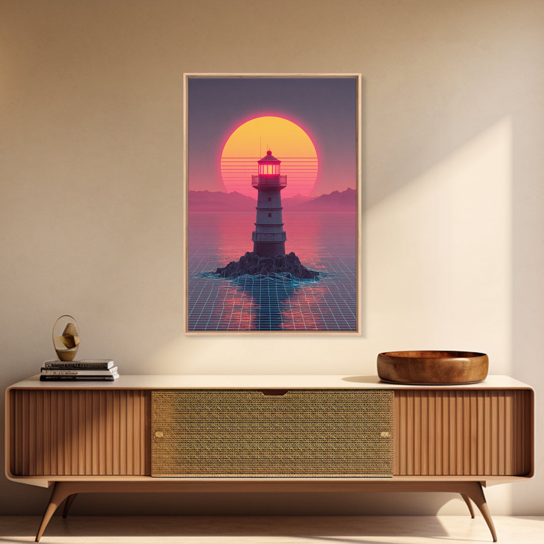Retro Futuristic Neon Sunset Lighthouse Cityscape Digital Art Vibrant Large Wall Art Framed Canvas Print Modern Decor