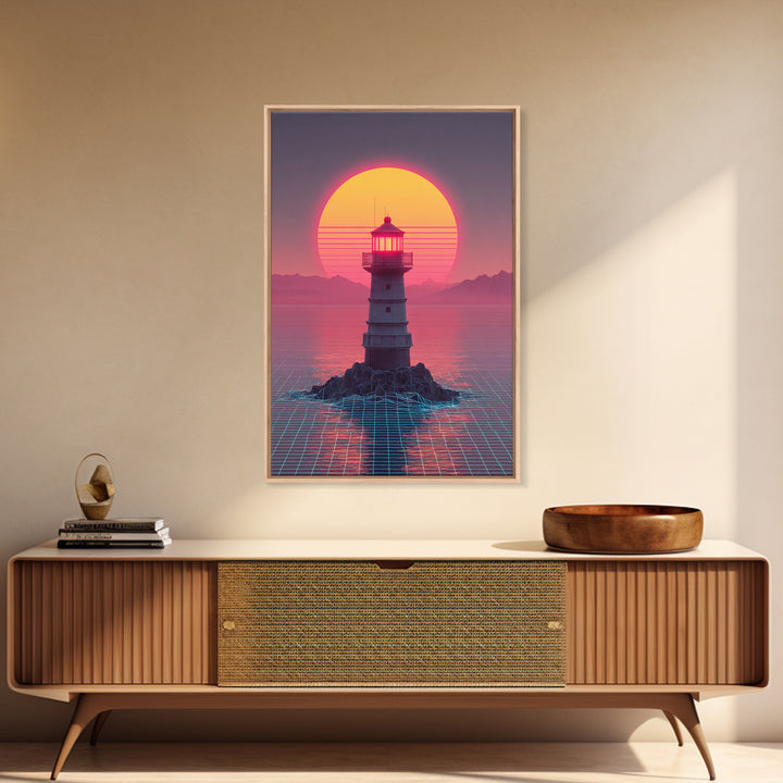 Retro Futuristic Neon Sunset Lighthouse Cityscape Digital Art Vibrant Large Wall Art Framed Canvas Print Modern Decor
