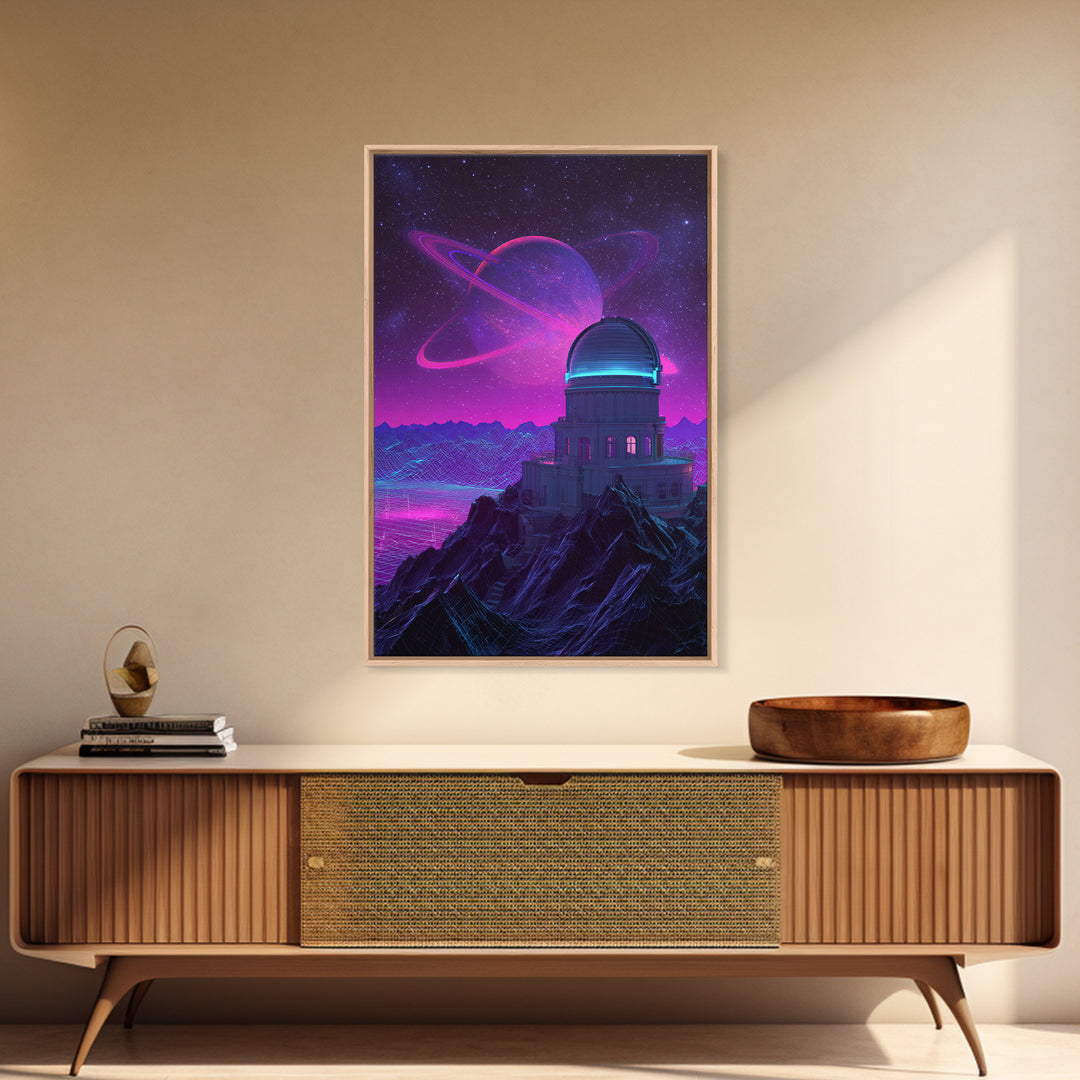 Futuristic Neon Space Observatory With Glowing Planet Against Starry Sky Wall Art Canvas Print For Sci Fi Decor