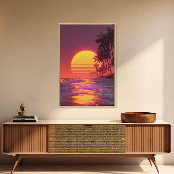 Bright Neon Orange Sun Over Tropical Beach Palm Trees With Stunning Waves Canvas Print Vibrant Modern Wall Art For Home