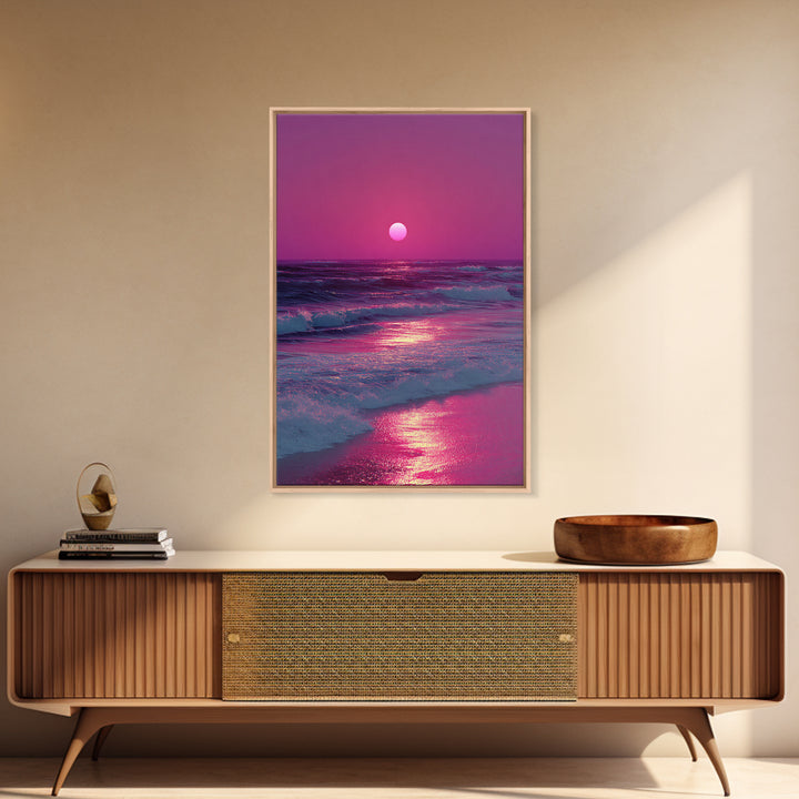 Vibrant Pink Sunset Over Ocean Waves With Reflective Light Coastal Wall Art Canvas Print For Beach House
