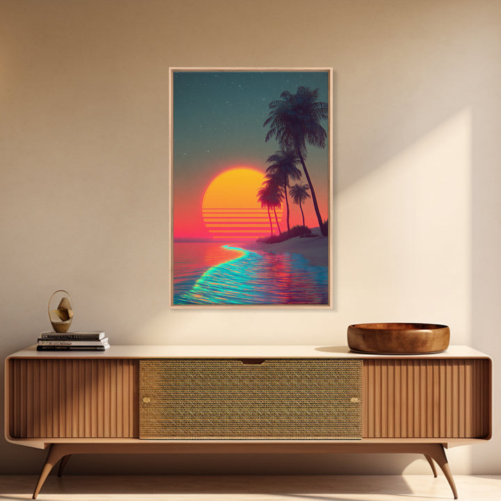 Retro Sunset Beach Landscape With Vibrant Neon Ocean Waves And Palm Trees Canvas Print For Modern Coastal Home Decor