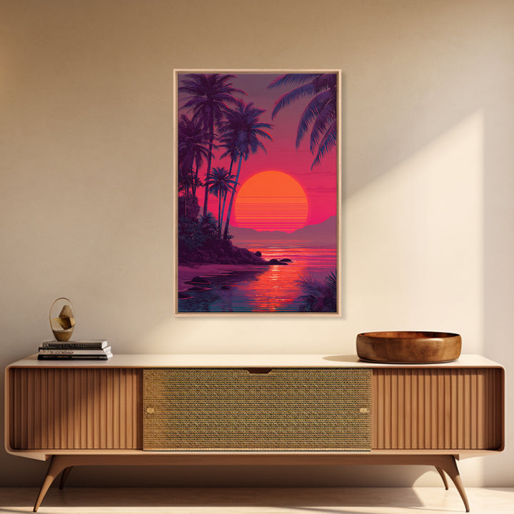 Evocative Tropical Sunset Island Coastal Artwork With Vibrant Red And Pink Sky Canvas Print For Modern Tropical Wall Decor