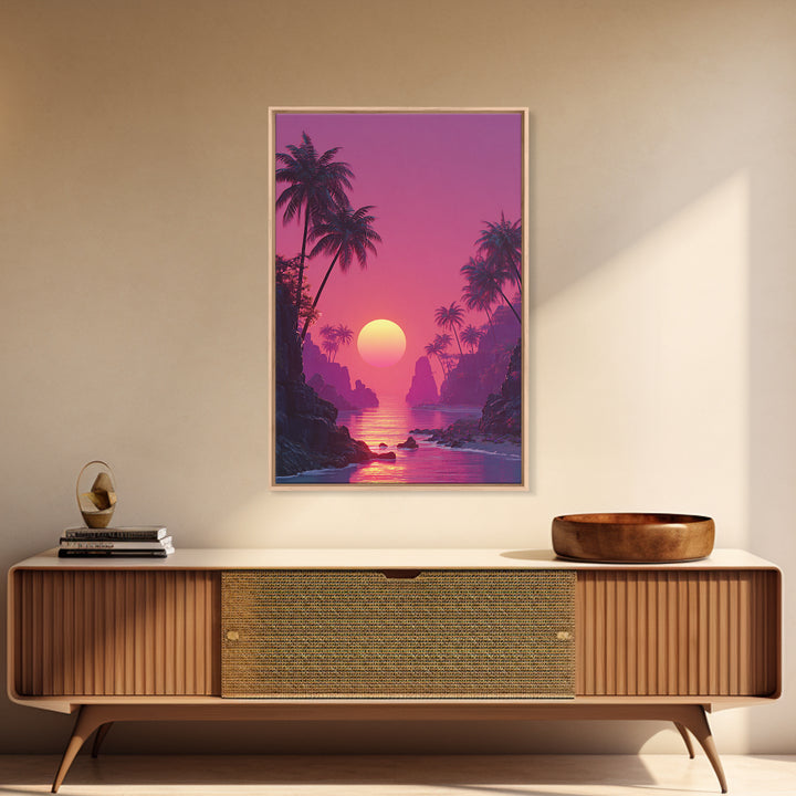 Stunning Pink Sunset Tropical Beach Landscape With Palm Trees Wall Art Canvas Print For Coastal Home Decor And Bedroom