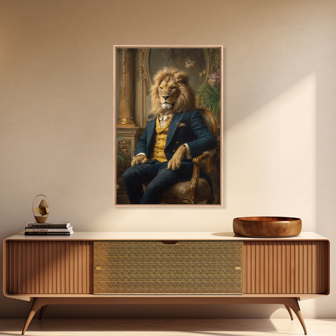 Noble Lion In Blue Suit On Gilded Throne Canvas Print, Regal Animal Wall Art, Luxury Maximalist Office Decor Gift For Him