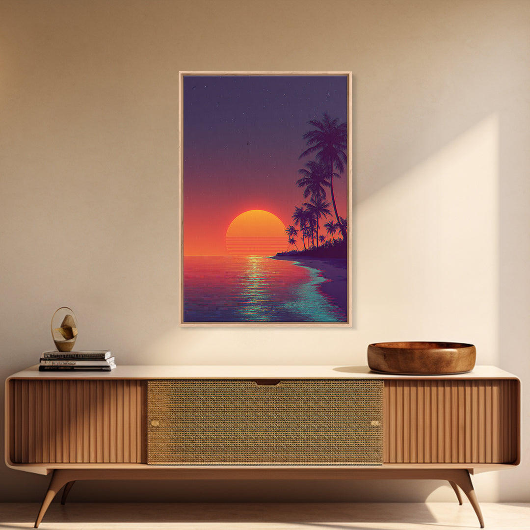 Vibrant Retro Sunset Over Tropical Beach Digital Artwork Modern Wall Art Framed Canvas Print Coastal Home Decor