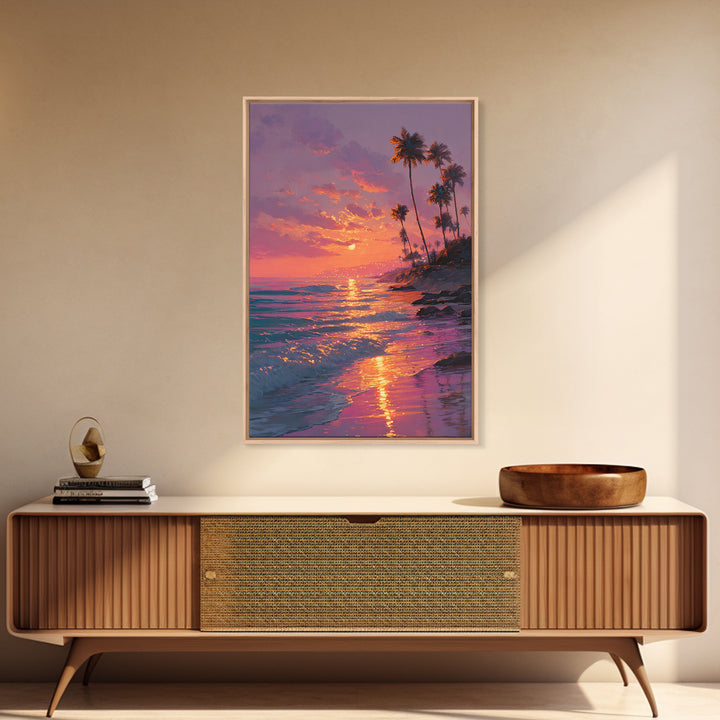 Palm Trees Sunset Beach Landscape Painting Wall Art Canvas Print For Cozy Living Room Modern Coastal Wall Decor