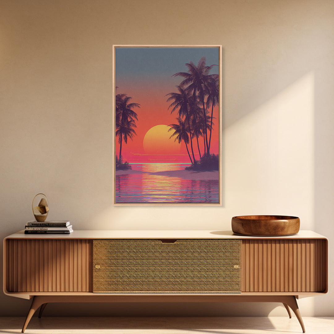Tropical Sunset Beach Scene Wall Art With Palm Trees And Vibrant Coral Sky Framed Canvas Print Perfect For Coastal Home Decor
