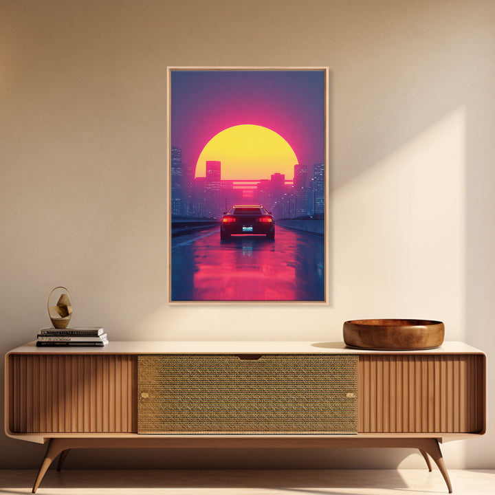 Retro Futuristic Neon Cityscape With Classic Car Sunset Wall Art Canvas Print Gaming Room Decor Modern Urban Art