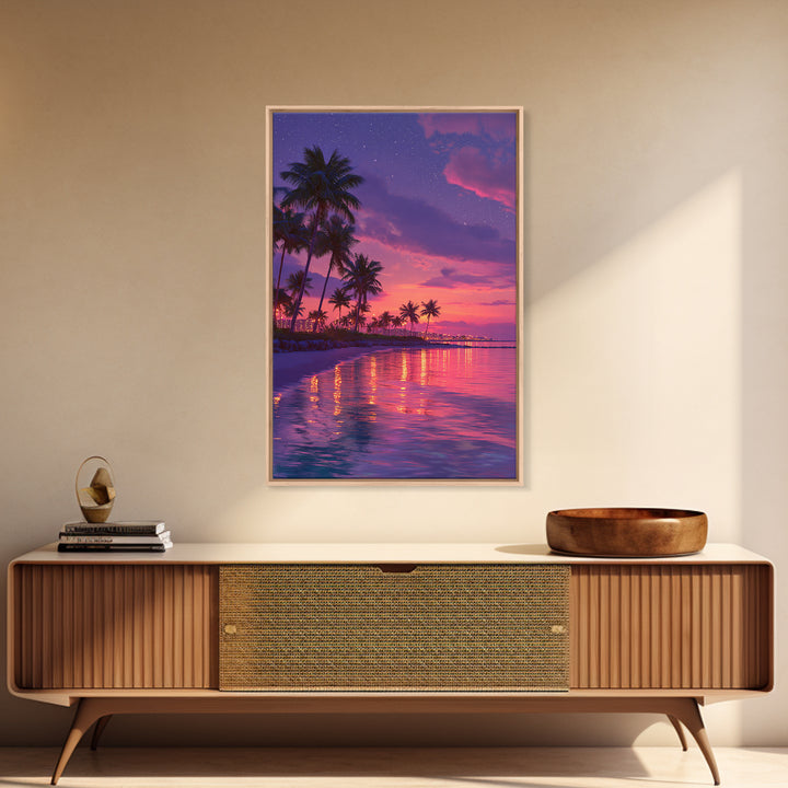 Vibrant Miami Beach Twilight With Palm Trees And City Lights Wall Art Print Canvas Wall Art Coastal Home Decor Gift For Beach Lovers
