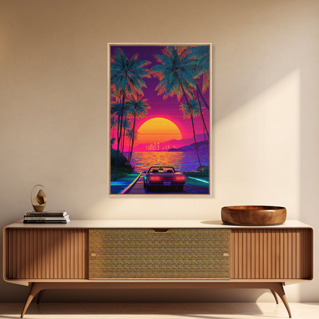 Retrowave Neon Sunset With Palm Trees And Convertible Car Canvas Print For Modern Wall Art Coastal Home Decor