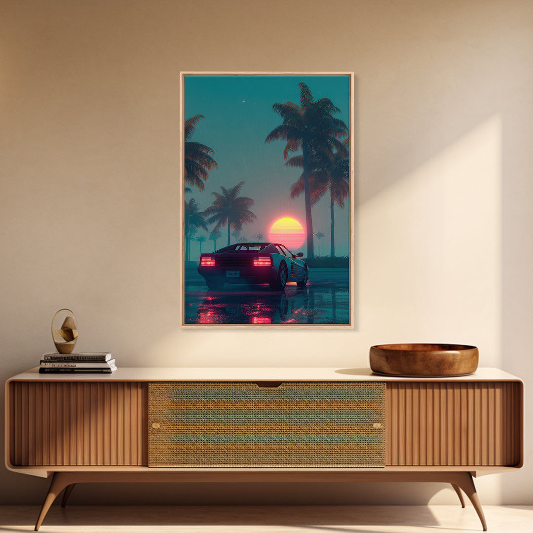 Retro Futuristic Car At Sunset Surrounded By Palm Trees With Neon Glow Vibrant Digital Art Canvas Print