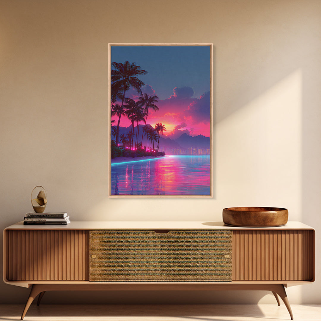 Vibrant Sunset Over Tropical Beach With Palm Trees And Reflective Ocean Modern Wall Art Print Canvas