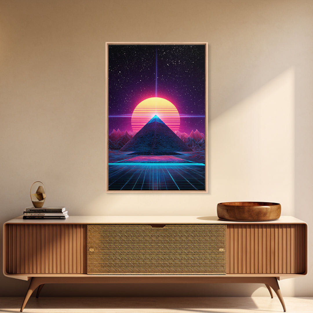 Retro Futuristic Neon Pyramid With Sun And Stars Canvas Print Modern Wall Art For Sci Fi Home Decor And Office