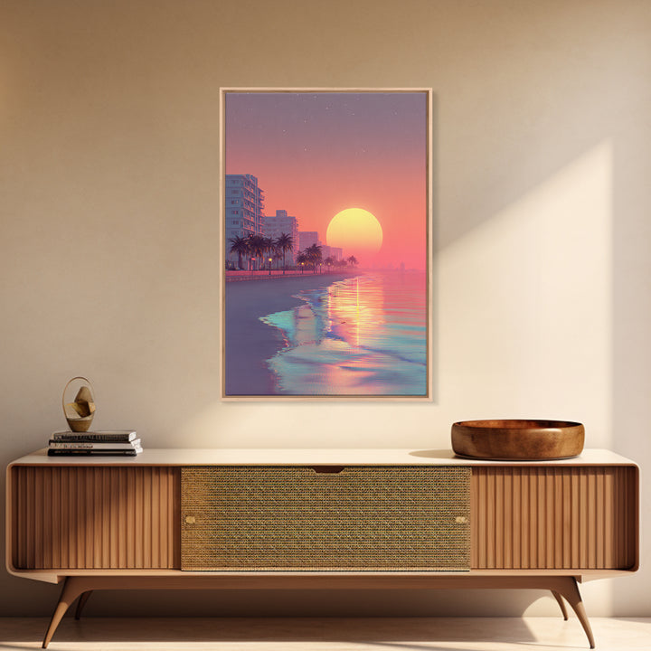 Peaceful Urban Beach Boardwalk Sunset Vibrant Wall Art Canvas Print For Contemporary Living Room Decor Tropical Coastal Vibes