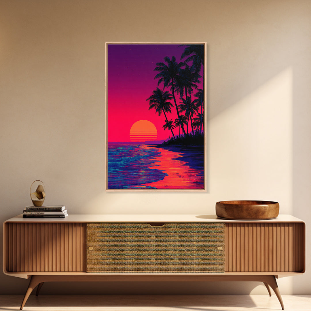 Vibrant Sunset Over Tropical Beach With Palm Trees Digital Wall Art Framed Canvas Print For Home Decor