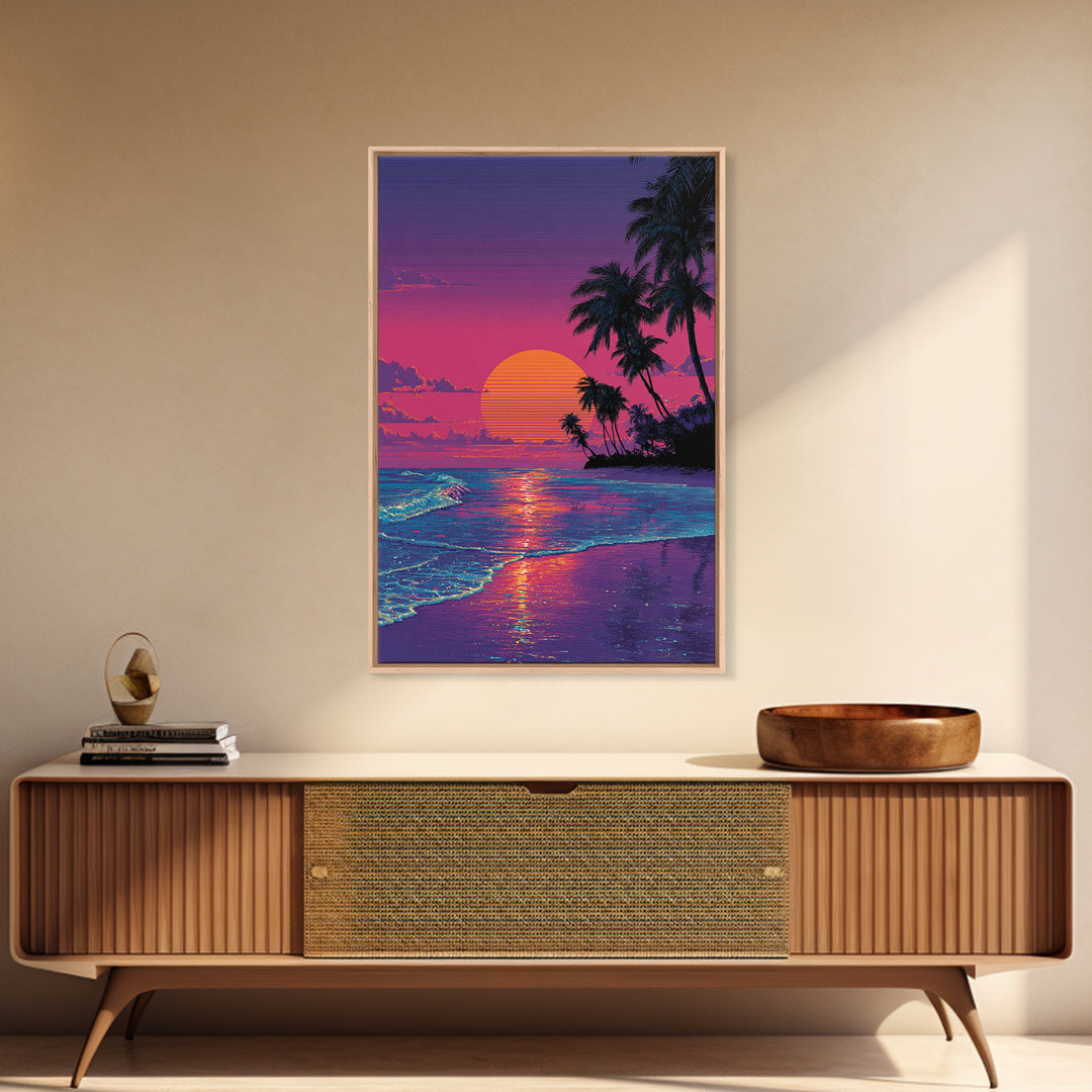 Digital Tropical Beach Sunset Wall Art Vibrant Retro Canvas Print For Coastal Living Room Decor And Relaxing Home Vibes