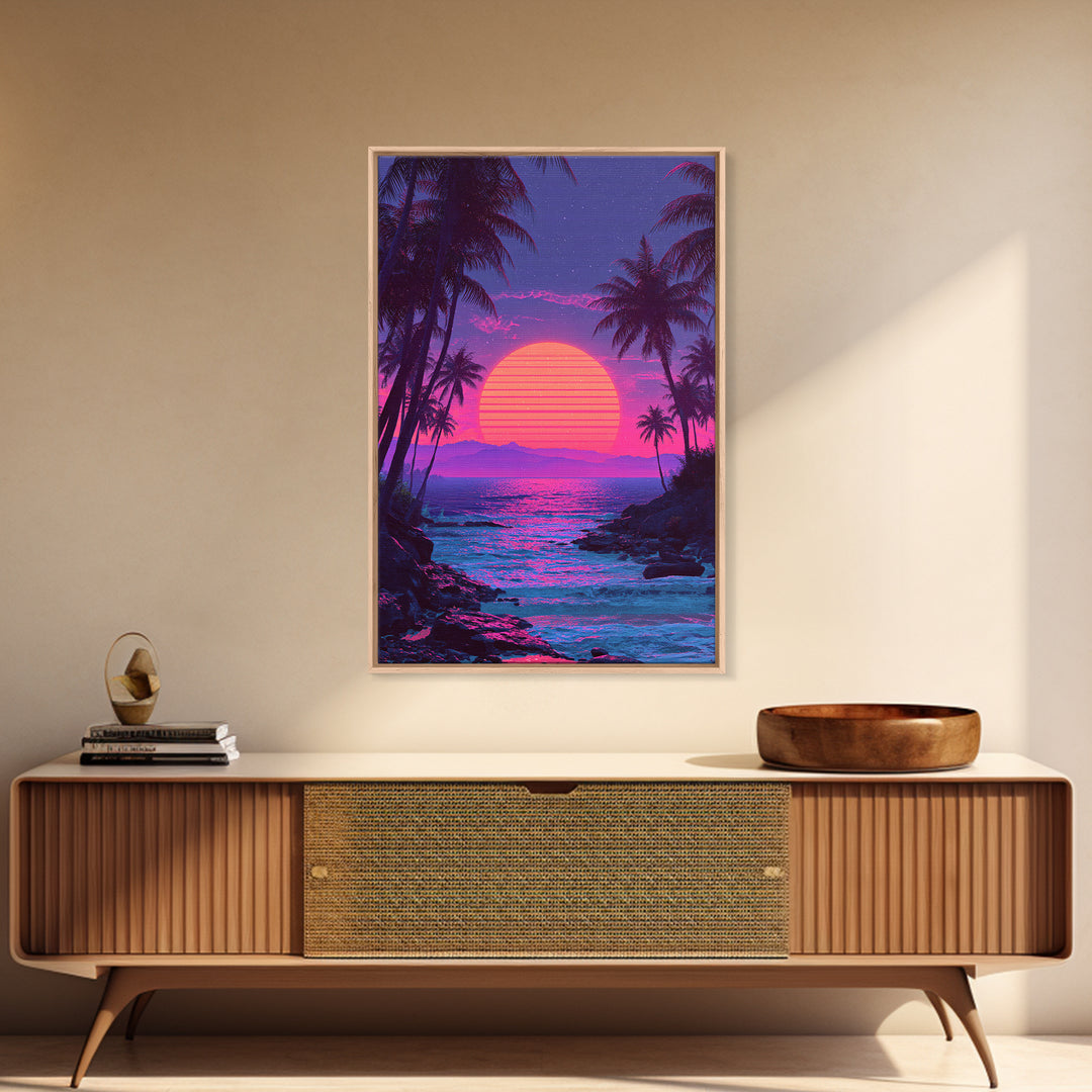 Vibrant Pink And Purple Tropical Beach Sunset With Palm Trees And Calm Ocean Retro Style Canvas Print