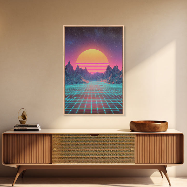 Retro Futuristic Synthwave Neon Sunset Over Wireframe Mountains Wall Art Print For Bedroom Decor Contemporary Canvas Print