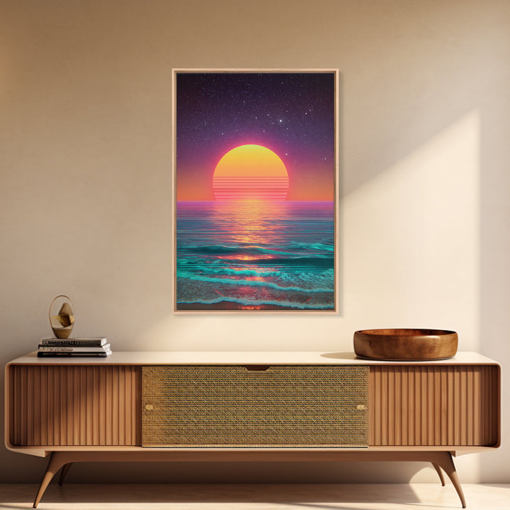 Digital Neon Sunset Ocean Wave Artwork Vibrant Abstract Modern Wall Art Large Framed Canvas Print Coastal Home Decor