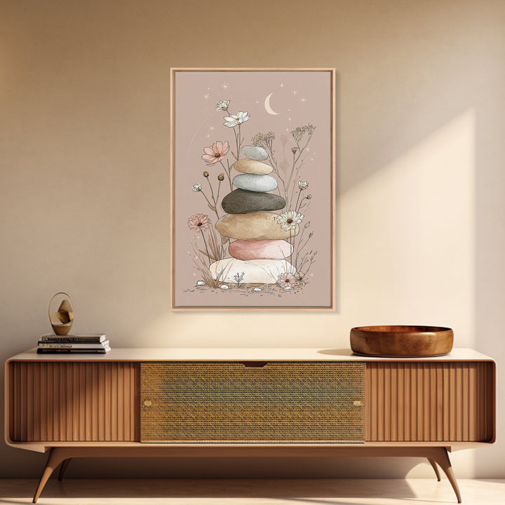 Stacked Zen Stones And Wildflowers Wall Art, Spa Bathroom Decor, Meditation Room Art, Neutral Boho Print, Calming Home Decor