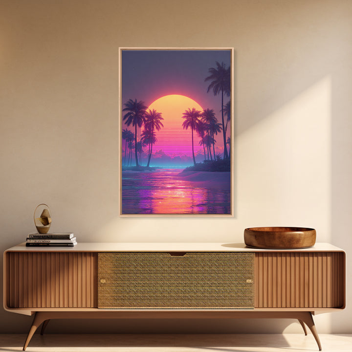 Vibrant Retro Sunset Over Tropical Beach With Palm Trees Large Wall Art Framed Canvas Print Coastal Home Decor