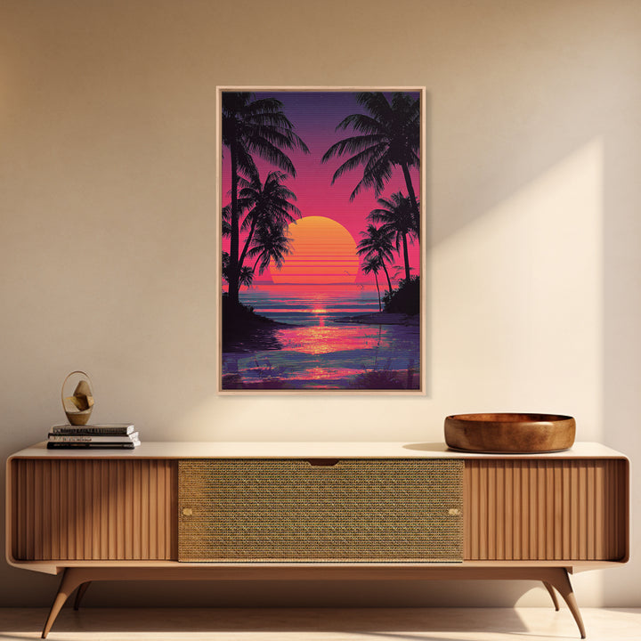 Surreal Neon Purple And Pink Bridge Over River Cityscape Under Starry Night Sky Wall Art Framed Canvas Print For Dreamy Decor