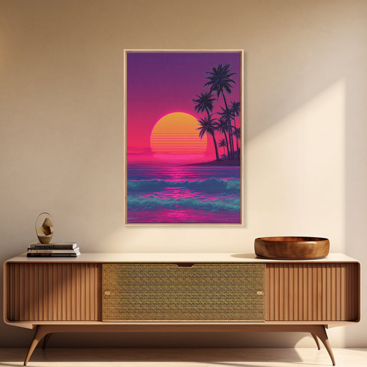 Vibrant Neon Sunset Beach With Palm Trees Retro 80s Themed Wall Art For Living Room Decor Framed Canvas Print